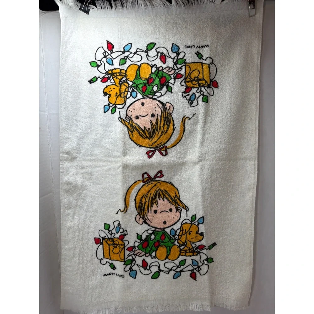 Vintage 80s Hallmark Marty Links Christmas Towel Set White Holiday Kitchen 3pc